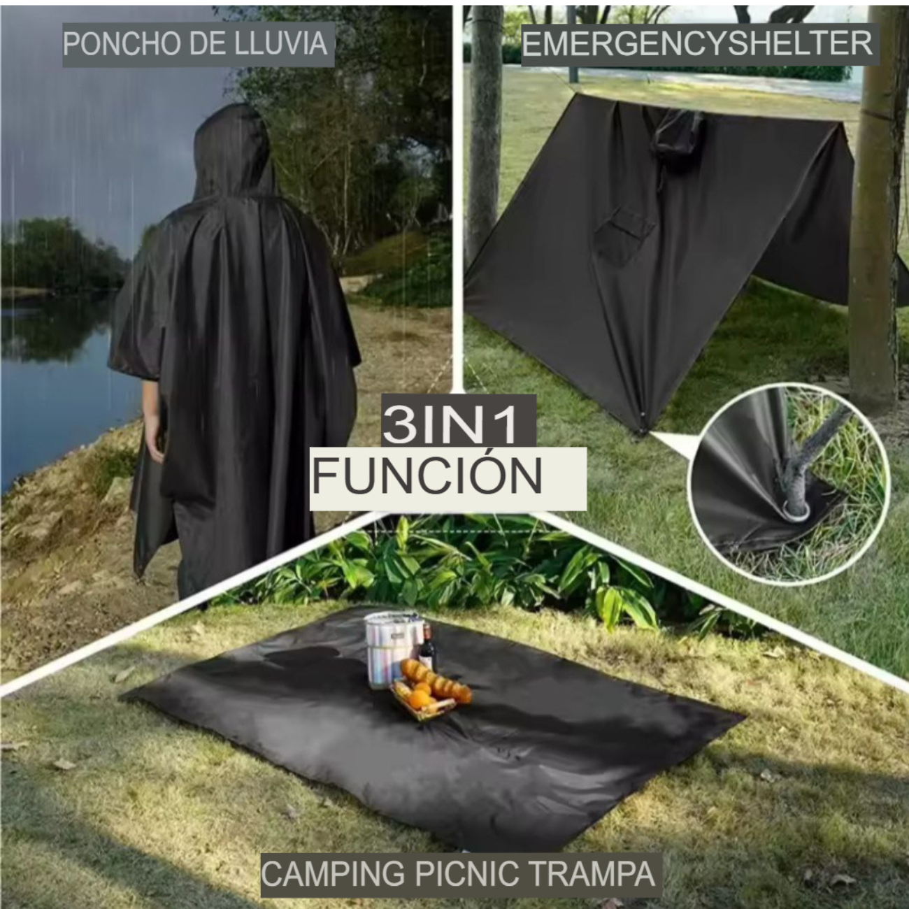 Poncho Impermeable Premium, Con Gorro 3 En 1 Capa De Lluvia