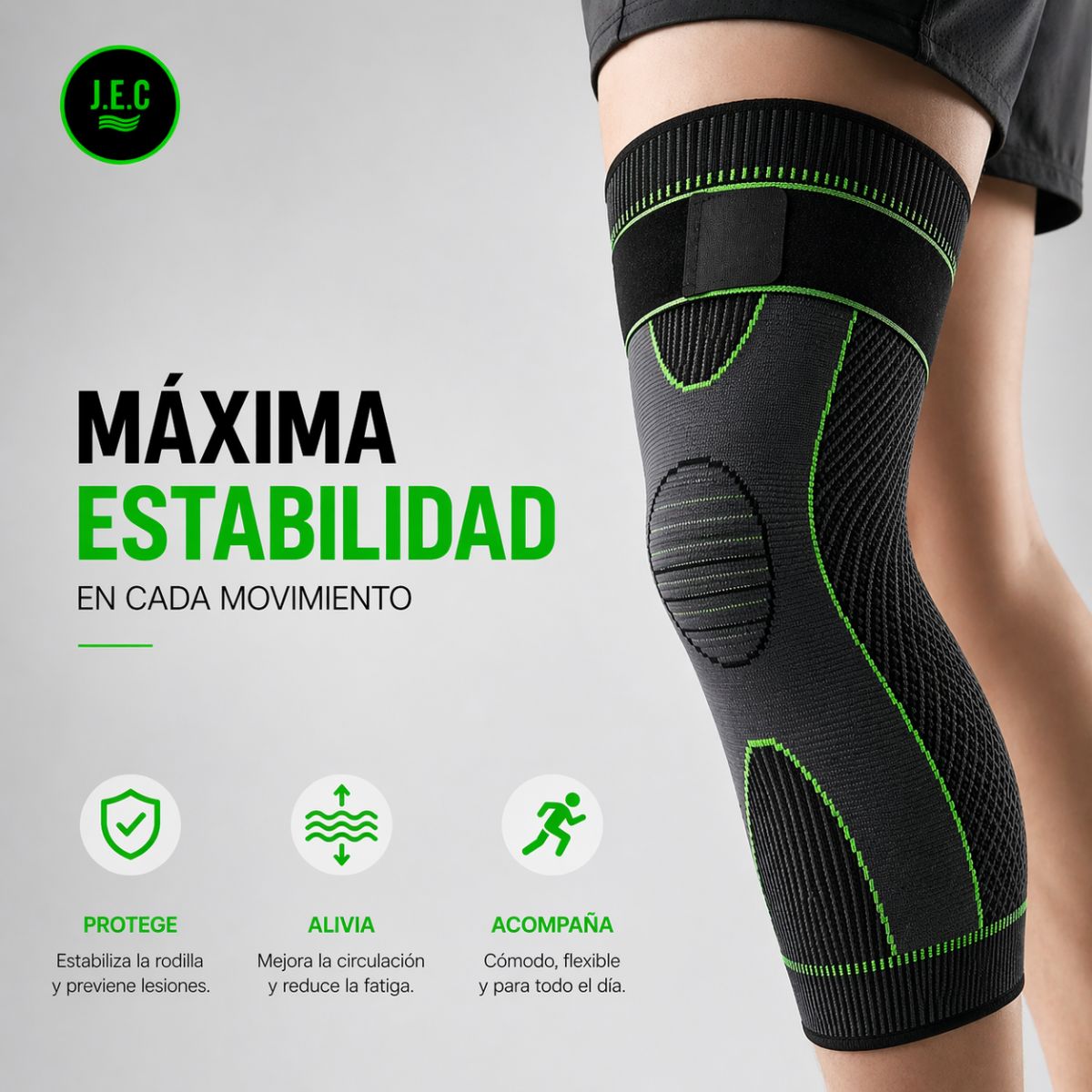 Rodillera Pierna Completa de Sujeción, Ajustable verde
