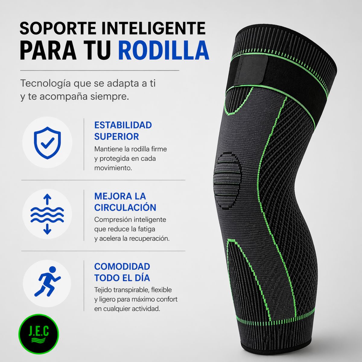Rodillera Pierna Completa de Sujeción, Ajustable verde