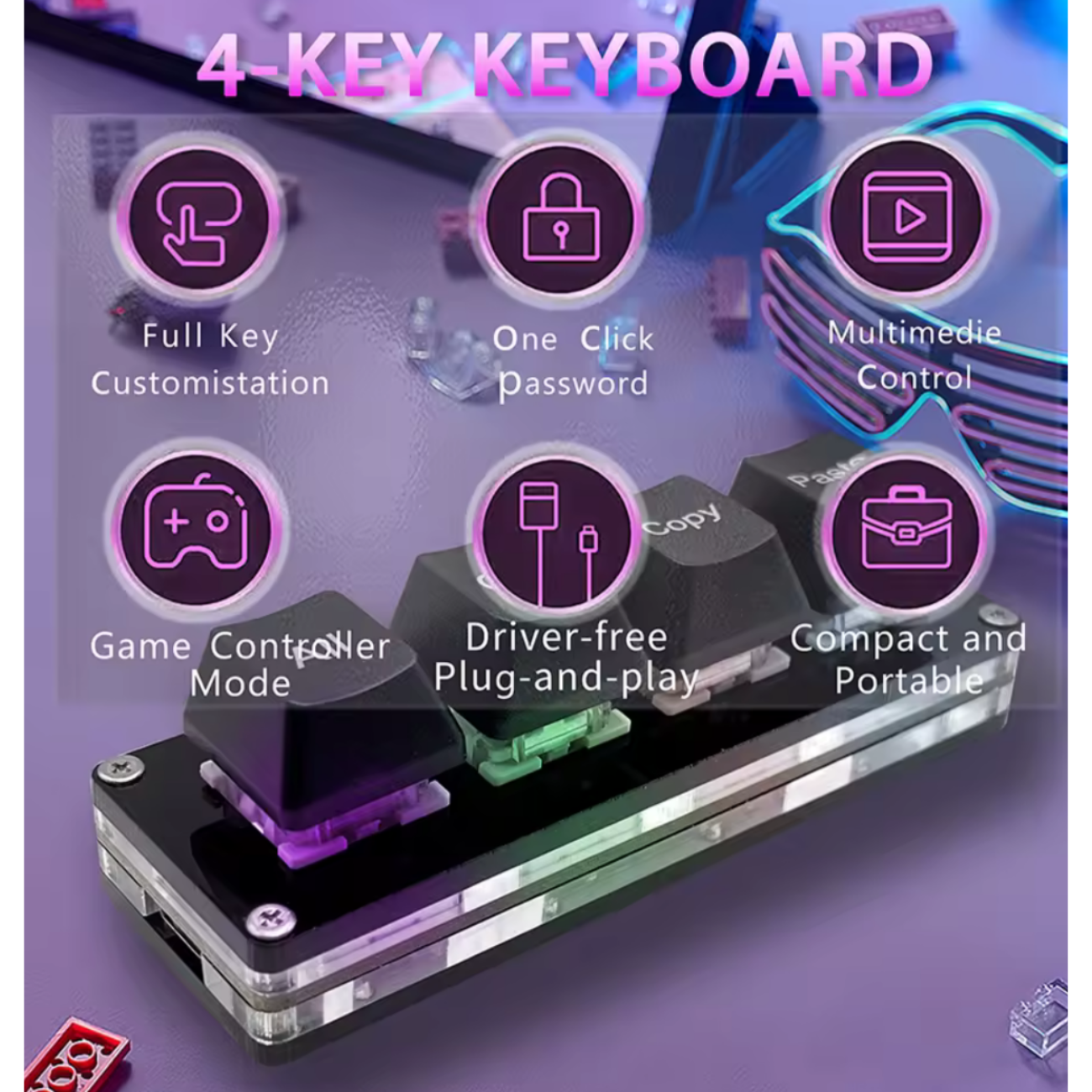 Mini Teclado Mecánico 4 Teclas RGB Para Juegos o Trabajo.