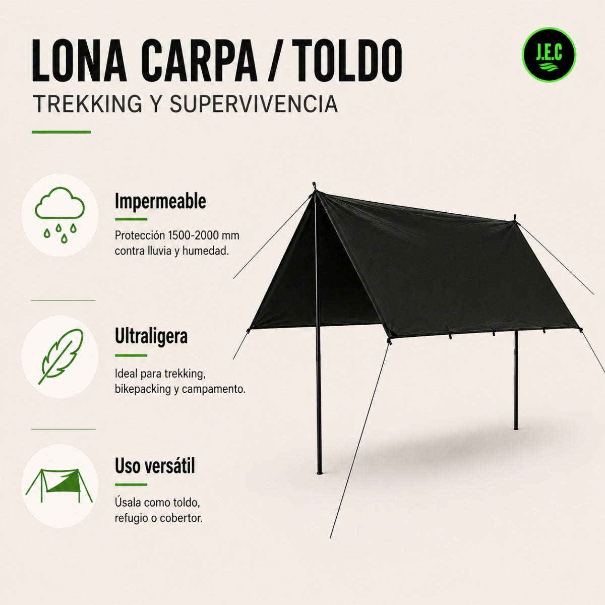 Lona Refugio Trekking Impermeable Toldo Antidesgarro 3x3
